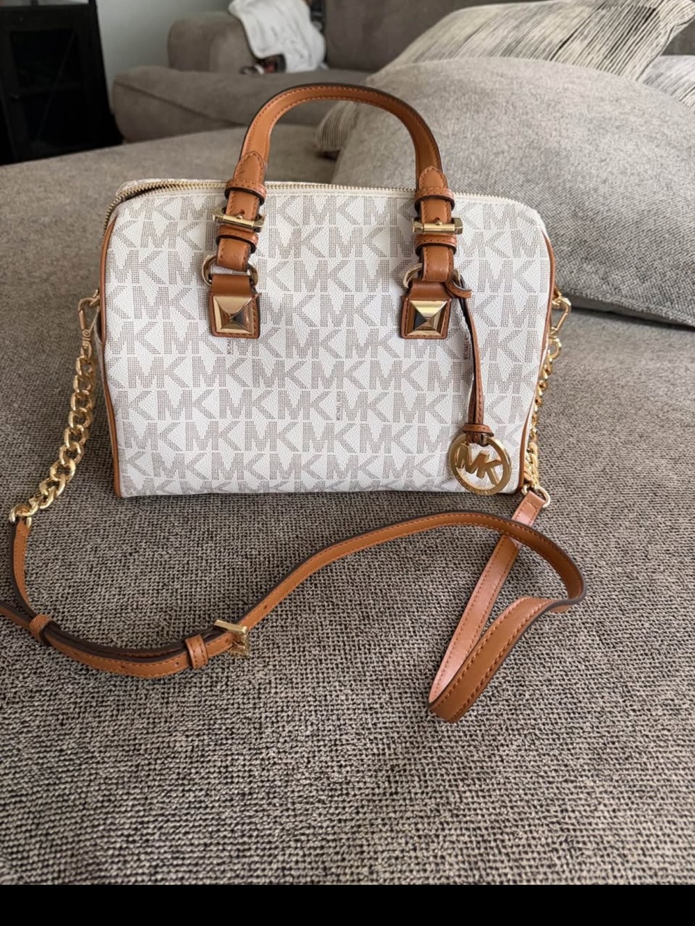 Michael Kors Vanilla MK Logo Satchel with Luggage Trim
